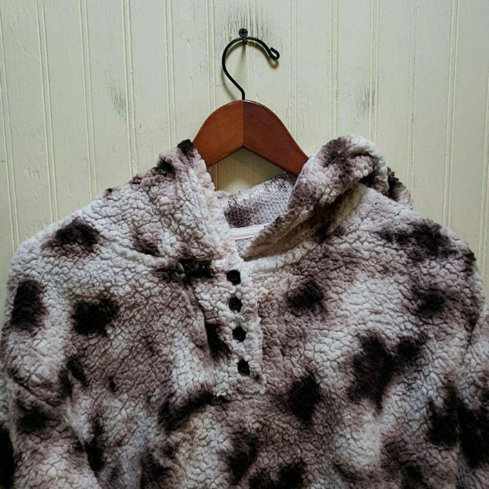 No Comment Sweater Womens Large Brown Faux Fur Hooded Henley Animal Print